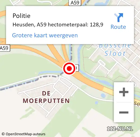 Locatie op kaart van de 112 melding: Politie Heusden, A59 hectometerpaal: 128,9 op 16 december 2023 14:37