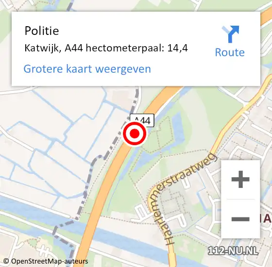 Locatie op kaart van de 112 melding: Politie Katwijk, A44 hectometerpaal: 14,4 op 16 december 2023 15:22