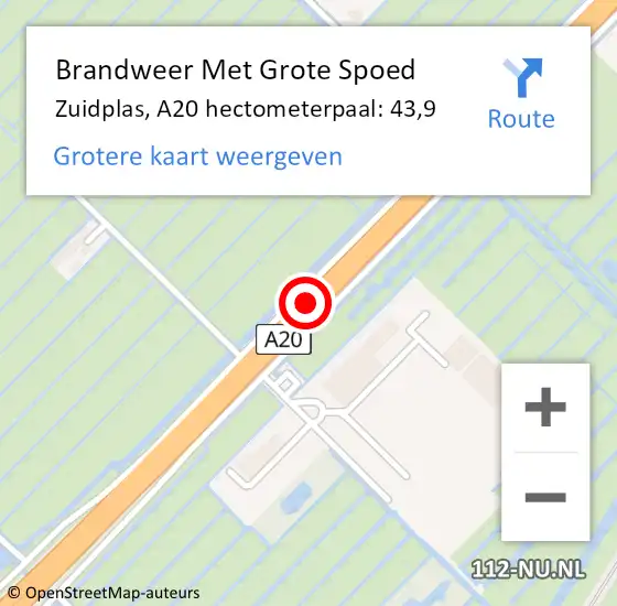 Locatie op kaart van de 112 melding: Brandweer Met Grote Spoed Naar Zuidplas, A20 hectometerpaal: 43,9 op 16 december 2023 16:01