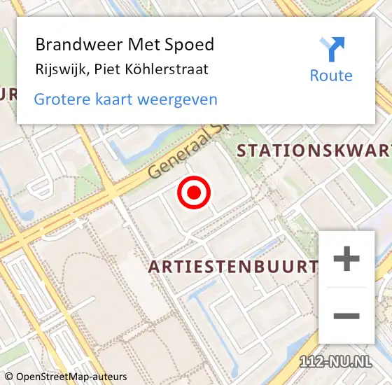 Locatie op kaart van de 112 melding: Brandweer Met Spoed Naar Rijswijk, Piet Köhlerstraat op 16 december 2023 17:59