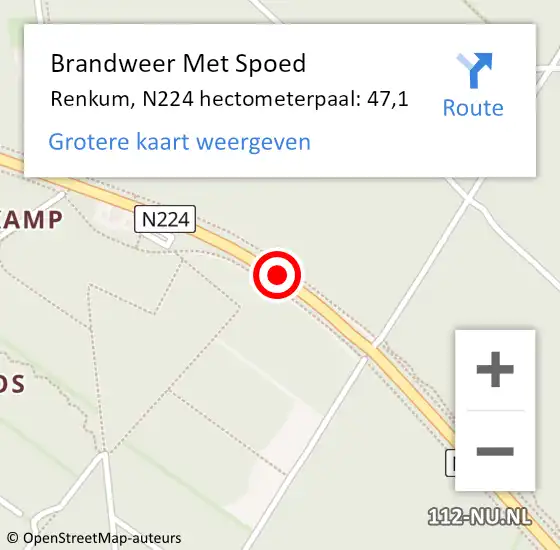 Locatie op kaart van de 112 melding: Brandweer Met Spoed Naar Renkum, N224 hectometerpaal: 47,1 op 16 december 2023 23:40