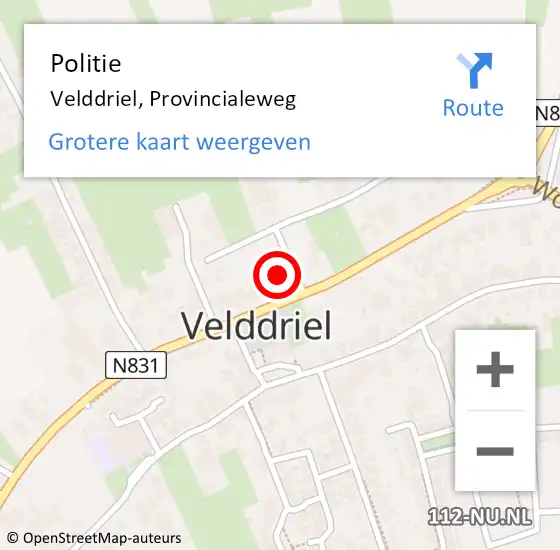 Locatie op kaart van de 112 melding: Politie Velddriel, Provincialeweg op 16 december 2023 23:47