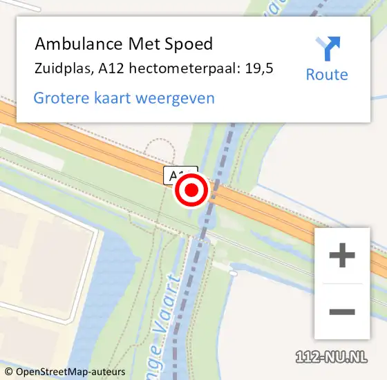 Locatie op kaart van de 112 melding: Ambulance Met Spoed Naar Zuidplas, A12 hectometerpaal: 19,5 op 17 december 2023 00:39