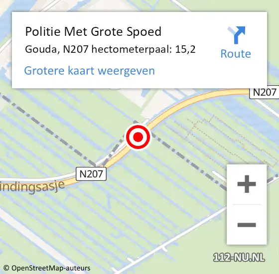 Locatie op kaart van de 112 melding: Politie Met Grote Spoed Naar Gouda, N207 hectometerpaal: 15,2 op 17 december 2023 02:54