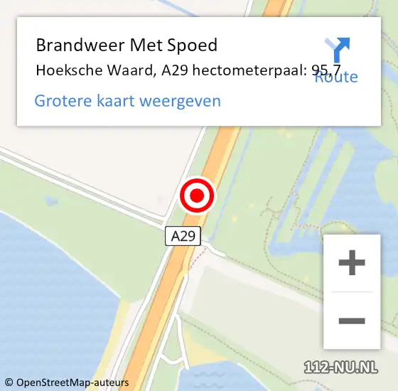 Locatie op kaart van de 112 melding: Brandweer Met Spoed Naar Hoeksche Waard, A29 hectometerpaal: 95,7 op 17 december 2023 03:20