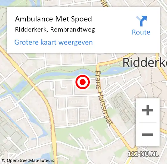 Locatie op kaart van de 112 melding: Ambulance Met Spoed Naar Ridderkerk, Rembrandtweg op 17 december 2023 09:16