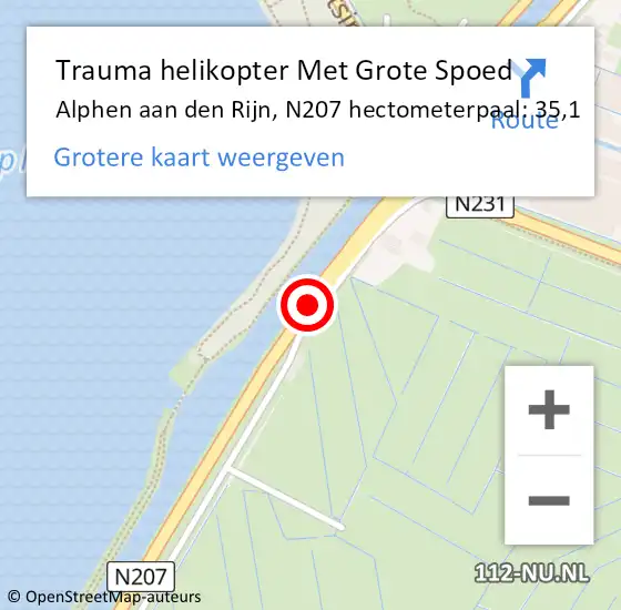Locatie op kaart van de 112 melding: Trauma helikopter Met Grote Spoed Naar Alphen aan den Rijn, N207 hectometerpaal: 35,1 op 17 december 2023 09:36