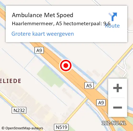 Locatie op kaart van de 112 melding: Ambulance Met Spoed Naar Haarlemmermeer, A5 hectometerpaal: 9,6 op 17 december 2023 09:45