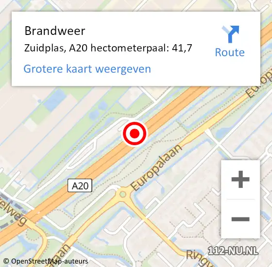 Locatie op kaart van de 112 melding: Brandweer Zuidplas, A20 hectometerpaal: 41,7 op 17 december 2023 15:05