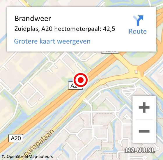 Locatie op kaart van de 112 melding: Brandweer Zuidplas, A20 hectometerpaal: 42,5 op 17 december 2023 19:57