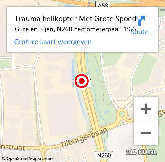 Locatie op kaart van de 112 melding: Trauma helikopter Met Grote Spoed Naar Gilze en Rijen, N260 hectometerpaal: 19,6 op 17 december 2023 20:40