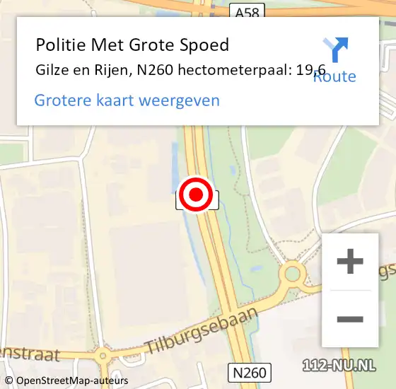 Locatie op kaart van de 112 melding: Politie Met Grote Spoed Naar Gilze en Rijen, N260 hectometerpaal: 19,6 op 17 december 2023 20:44