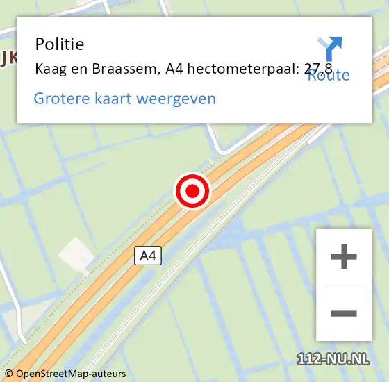 Locatie op kaart van de 112 melding: Politie Kaag en Braassem, A4 hectometerpaal: 27,8 op 17 december 2023 20:56