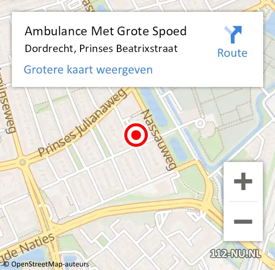 Locatie op kaart van de 112 melding: Ambulance Met Grote Spoed Naar Dordrecht, Prinses Beatrixstraat op 17 december 2023 22:15