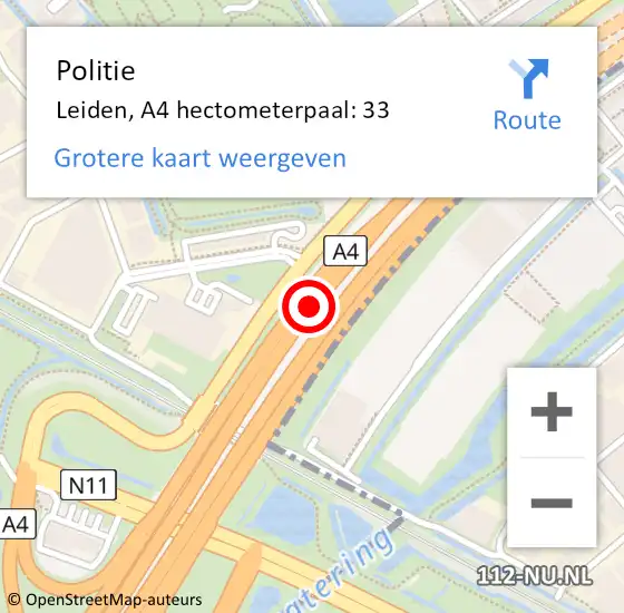 Locatie op kaart van de 112 melding: Politie Leiden, A4 hectometerpaal: 33 op 18 december 2023 00:17