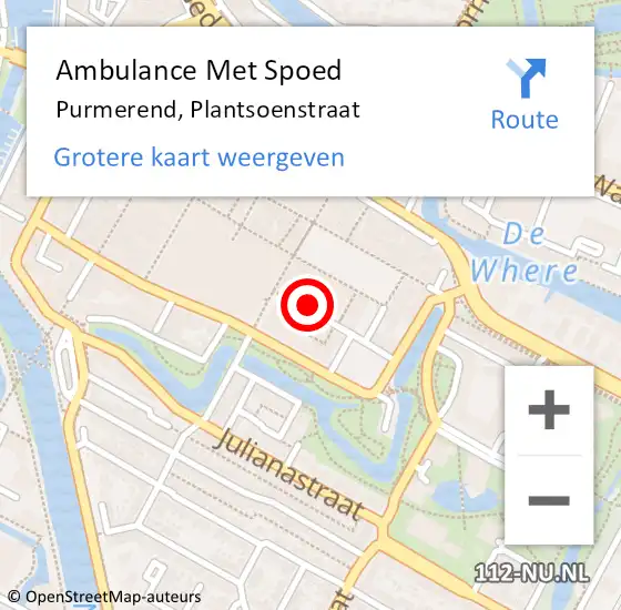 Locatie op kaart van de 112 melding: Ambulance Met Spoed Naar Purmerend, Plantsoenstraat op 18 december 2023 01:25