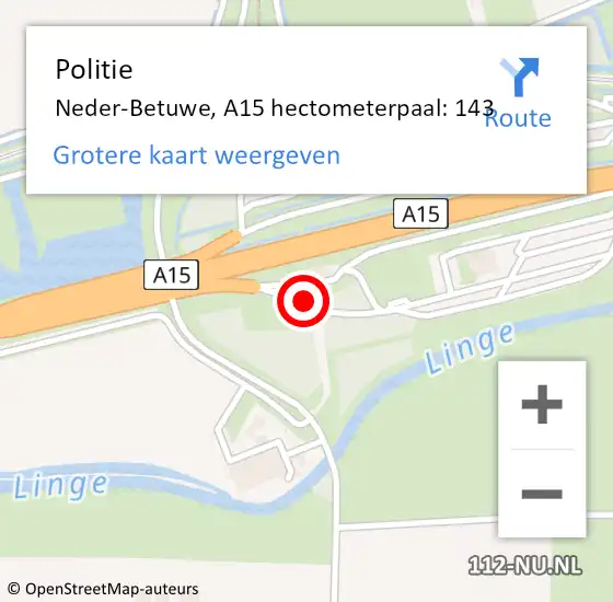 Locatie op kaart van de 112 melding: Politie Neder-Betuwe, A15 hectometerpaal: 143 op 18 december 2023 04:13