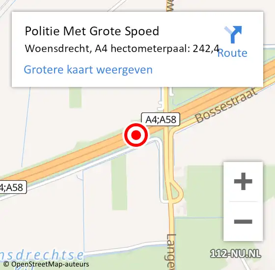 Locatie op kaart van de 112 melding: Politie Met Grote Spoed Naar Woensdrecht, A4 hectometerpaal: 242,4 op 18 december 2023 05:17