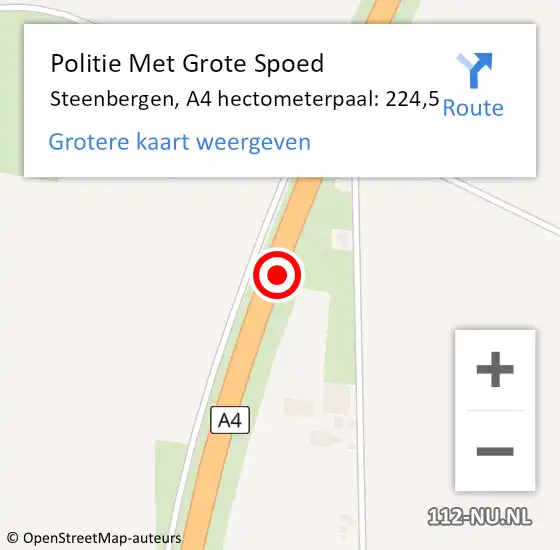 Locatie op kaart van de 112 melding: Politie Met Grote Spoed Naar Steenbergen, A4 hectometerpaal: 224,5 op 18 december 2023 05:20