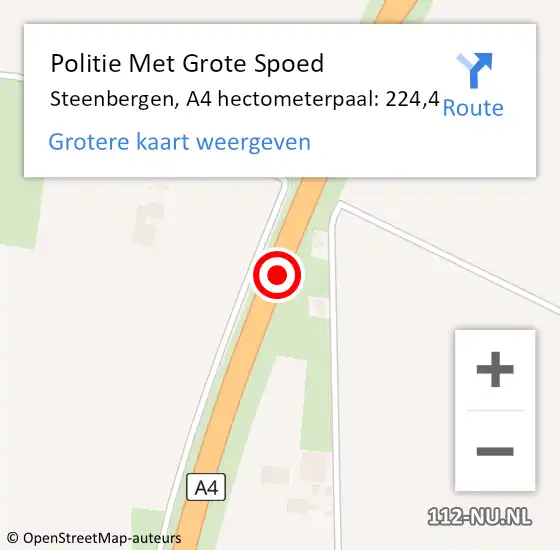 Locatie op kaart van de 112 melding: Politie Met Grote Spoed Naar Steenbergen, A4 hectometerpaal: 224,4 op 18 december 2023 05:27