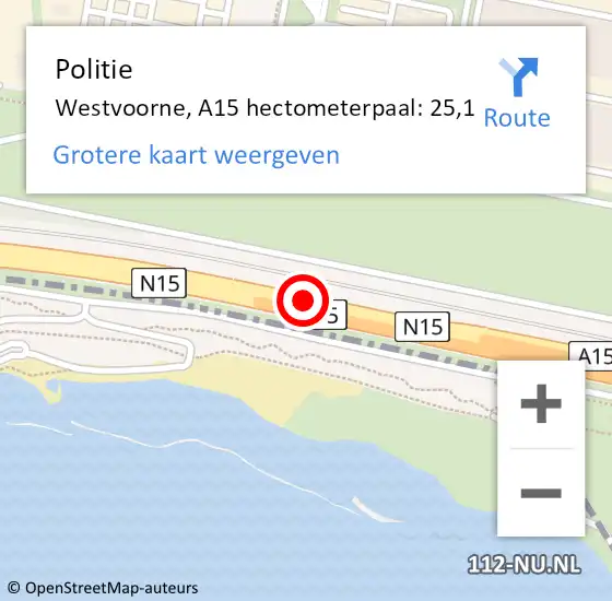 Locatie op kaart van de 112 melding: Politie Westvoorne, A15 hectometerpaal: 25,1 op 18 december 2023 07:33