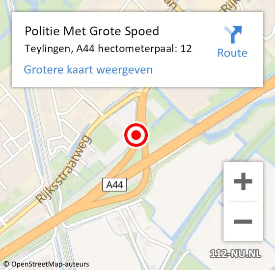 Locatie op kaart van de 112 melding: Politie Met Grote Spoed Naar Teylingen, A44 hectometerpaal: 12 op 18 december 2023 07:51