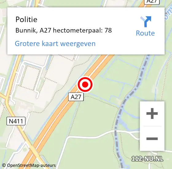 Locatie op kaart van de 112 melding: Politie Bunnik, A27 hectometerpaal: 78 op 18 december 2023 08:06