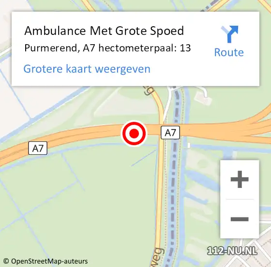 Locatie op kaart van de 112 melding: Ambulance Met Grote Spoed Naar Purmerend, A7 hectometerpaal: 13 op 18 december 2023 08:07