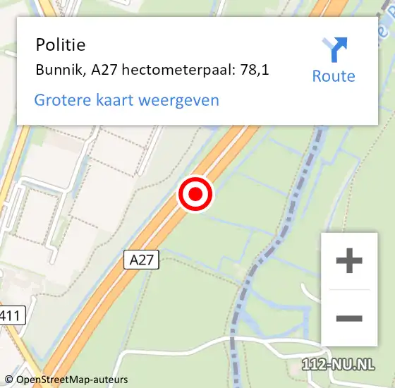 Locatie op kaart van de 112 melding: Politie Bunnik, A27 hectometerpaal: 78,1 op 18 december 2023 08:17