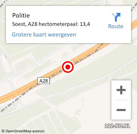 Locatie op kaart van de 112 melding: Politie Soest, A28 hectometerpaal: 13,4 op 18 december 2023 08:28