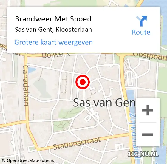 Locatie op kaart van de 112 melding: Brandweer Met Spoed Naar Sas van Gent, Kloosterlaan op 18 december 2023 14:33