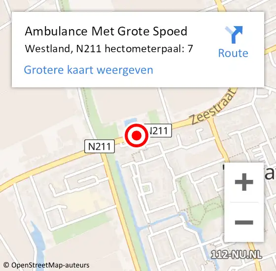 Locatie op kaart van de 112 melding: Ambulance Met Grote Spoed Naar Westland, N211 hectometerpaal: 7 op 18 december 2023 17:02