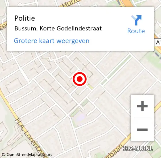 Locatie op kaart van de 112 melding: Politie Bussum, Korte Godelindestraat op 18 december 2023 17:32