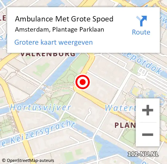 Locatie op kaart van de 112 melding: Ambulance Met Grote Spoed Naar Amsterdam, Plantage Parklaan op 18 december 2023 21:34