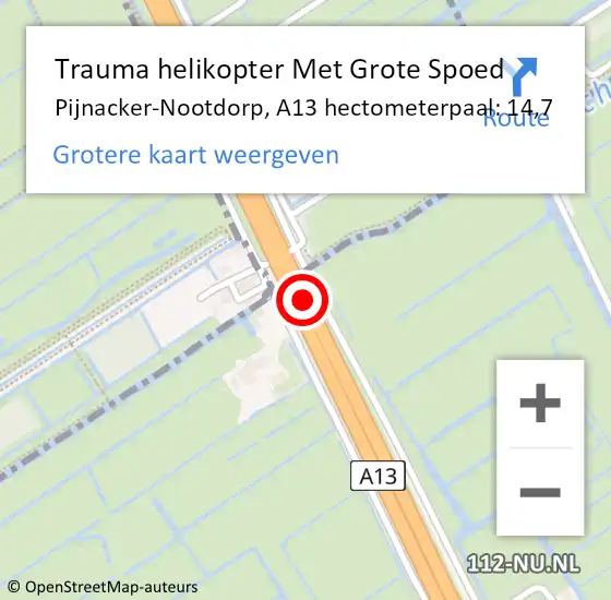 Locatie op kaart van de 112 melding: Trauma helikopter Met Grote Spoed Naar Pijnacker-Nootdorp, A13 hectometerpaal: 14,7 op 18 december 2023 21:45