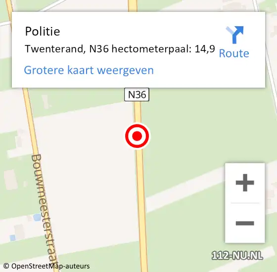 Locatie op kaart van de 112 melding: Politie Twenterand, N36 hectometerpaal: 14,9 op 18 december 2023 22:30