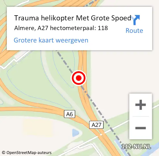 Locatie op kaart van de 112 melding: Trauma helikopter Met Grote Spoed Naar Almere, A27 hectometerpaal: 118 op 19 december 2023 05:15