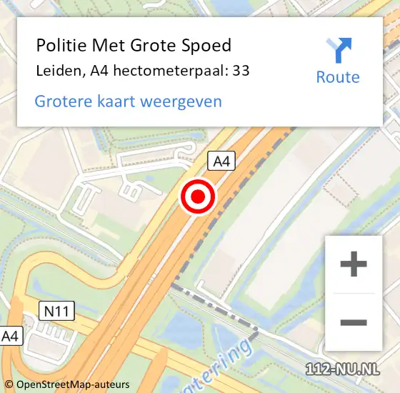 Locatie op kaart van de 112 melding: Politie Met Grote Spoed Naar Leiden, A4 hectometerpaal: 33 op 19 december 2023 07:45