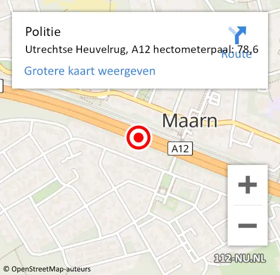 Locatie op kaart van de 112 melding: Politie Utrechtse Heuvelrug, A12 hectometerpaal: 78,6 op 19 december 2023 07:58