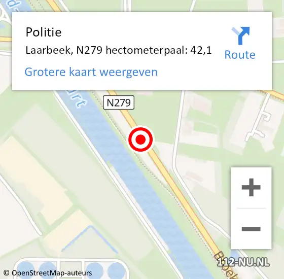 Locatie op kaart van de 112 melding: Politie Laarbeek, N279 hectometerpaal: 42,1 op 19 december 2023 08:06