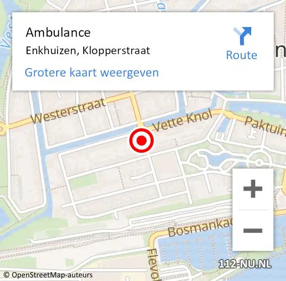 Locatie op kaart van de 112 melding: Ambulance Enkhuizen, Klopperstraat op 19 december 2023 08:43