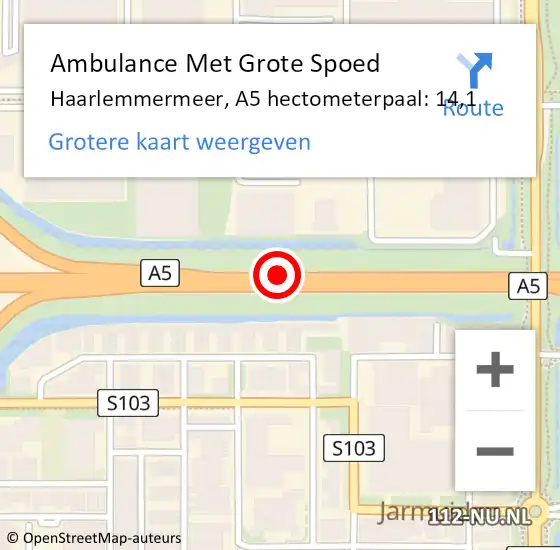 Locatie op kaart van de 112 melding: Ambulance Met Grote Spoed Naar Haarlemmermeer, A5 hectometerpaal: 14,1 op 19 december 2023 09:20