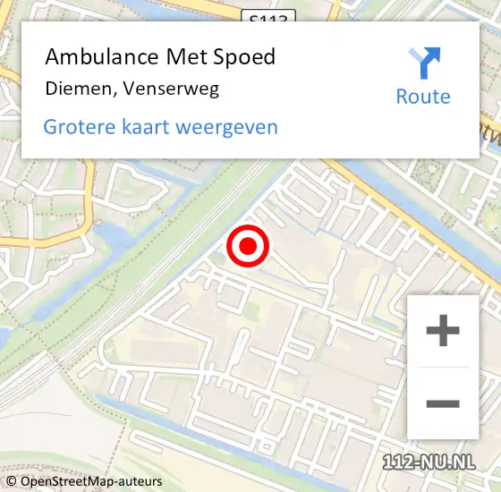 Locatie op kaart van de 112 melding: Ambulance Met Spoed Naar Diemen, Venserweg op 19 december 2023 09:39