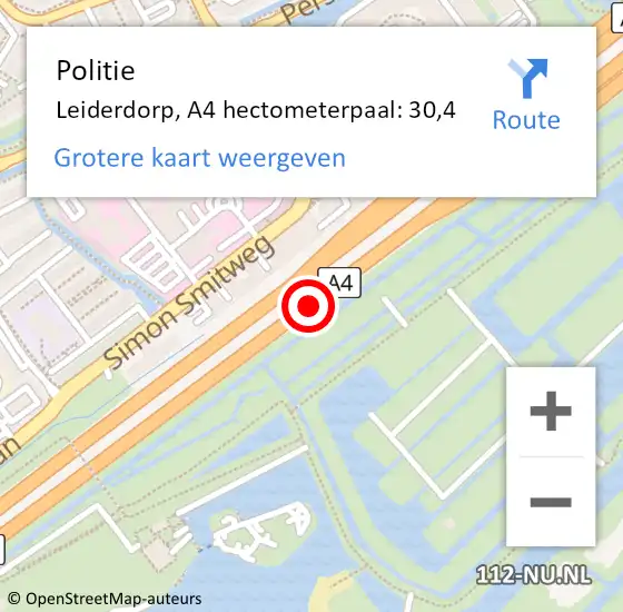 Locatie op kaart van de 112 melding: Politie Leiderdorp, A4 hectometerpaal: 30,4 op 19 december 2023 09:51