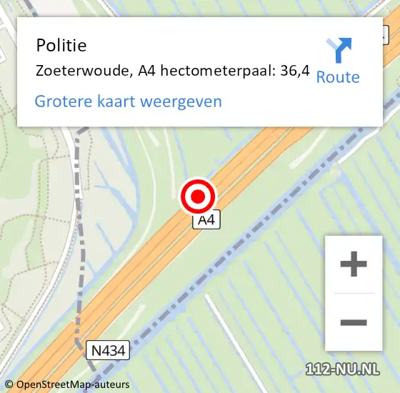 Locatie op kaart van de 112 melding: Politie Zoeterwoude, A4 hectometerpaal: 36,4 op 19 december 2023 10:13