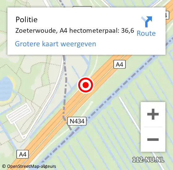 Locatie op kaart van de 112 melding: Politie Zoeterwoude, A4 hectometerpaal: 36,6 op 19 december 2023 10:15