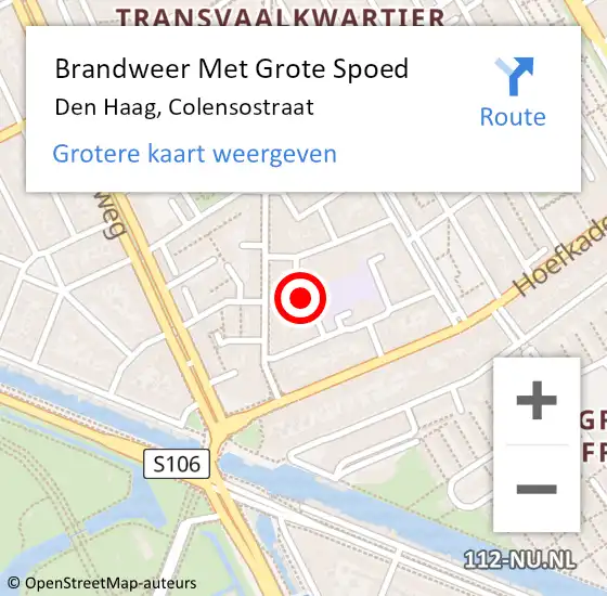 Locatie op kaart van de 112 melding: Brandweer Met Grote Spoed Naar Den Haag, Colensostraat op 19 december 2023 12:08