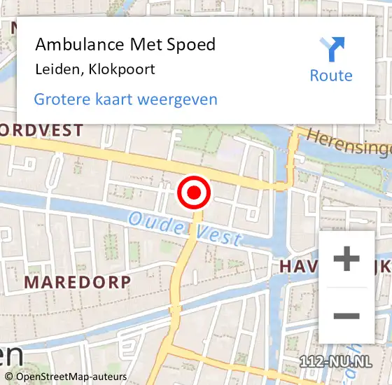 Locatie op kaart van de 112 melding: Ambulance Met Spoed Naar Leiden, Klokpoort op 19 december 2023 13:27