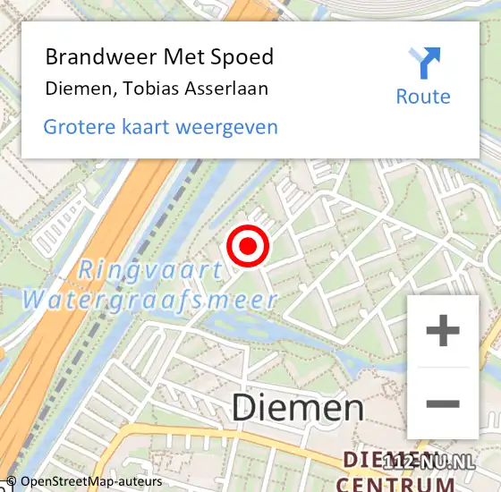 Locatie op kaart van de 112 melding: Brandweer Met Spoed Naar Diemen, Tobias Asserlaan op 19 december 2023 15:05