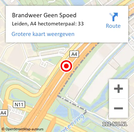 Locatie op kaart van de 112 melding: Brandweer Geen Spoed Naar Leiden, A4 hectometerpaal: 33 op 19 december 2023 15:35